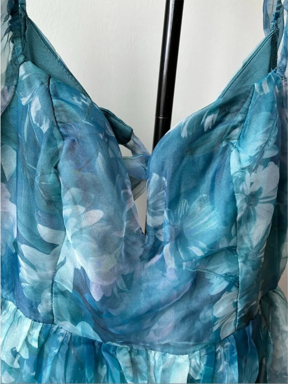 Lulus Lovely Statement Teal Blue Floral Organza Tie-Back Midi Dress - Size M - Picture 10 of 16